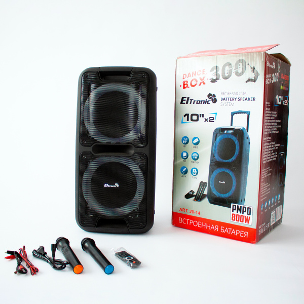 Портативная беспроводная bluetooth колонка  Eltronic DANCE BOX 300 арт. 20-14 с двумя беспроводными микрофонами и пультом дистанционного управления